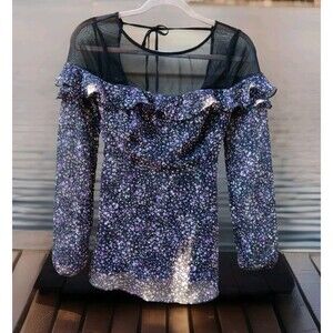 Free People Black Purple Floral Smocked Ruffle Sheer Tie Neck Top Blouse Size 2